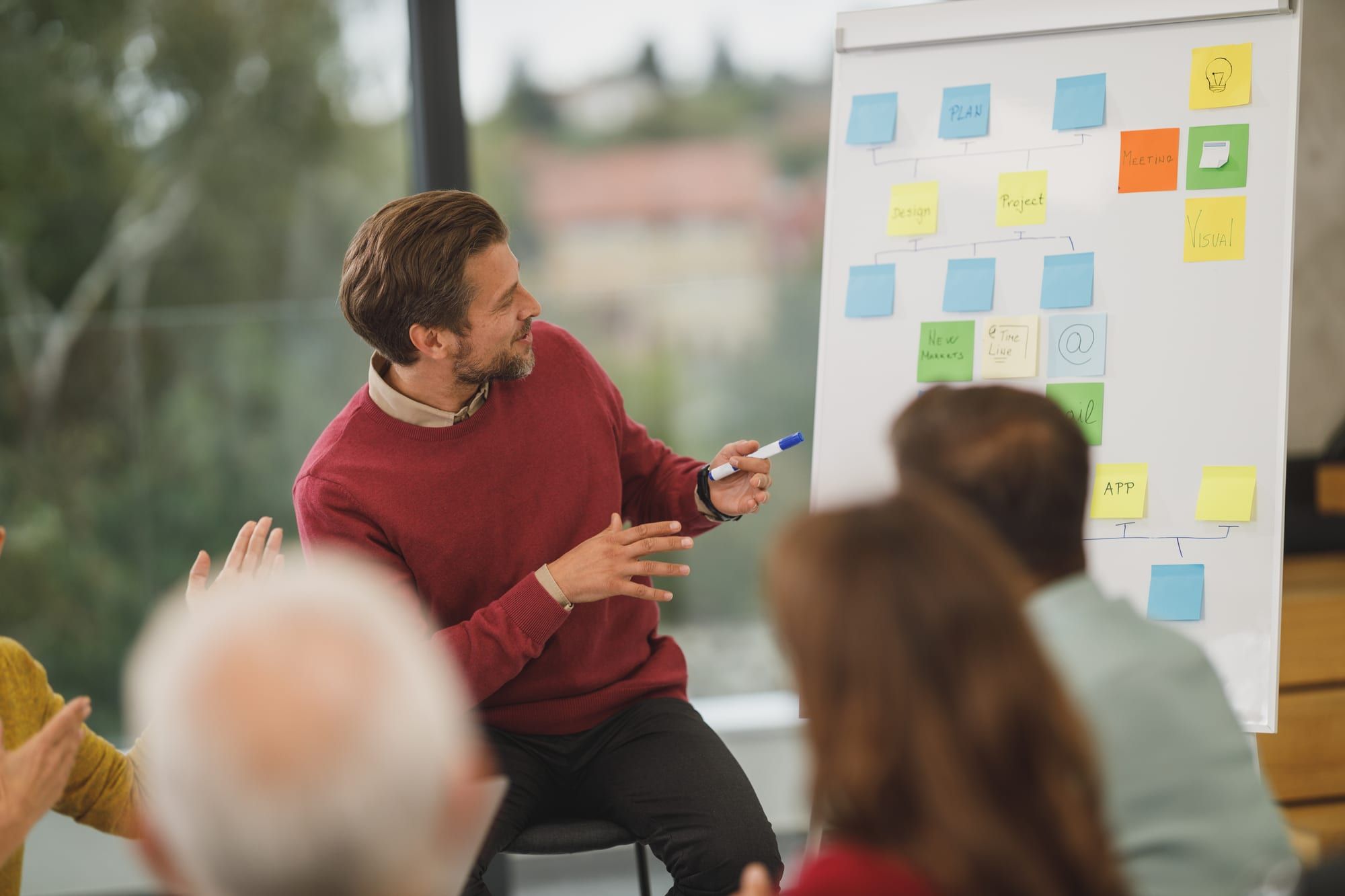 A man presenting a plan on a flip chart to a seated team